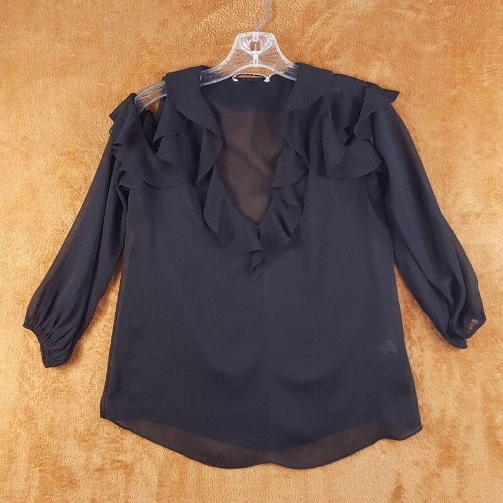 ALICE OLIVIA Top Womens XS Black Pullover Cold Shoulder Sheer Ruffle Blouse